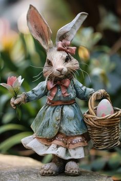 a figurine of a rabbit holding a basket with an easter egg in it