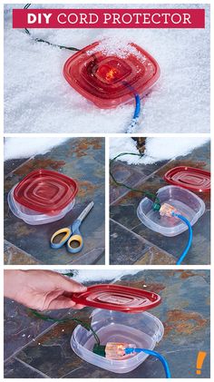 the instructions for how to make a cord protector with plastic tubs and pliers