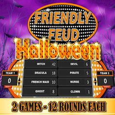 HALLOWEEN FAMILY FRIENDLY FEUD - HALLOWEEN TRIVIA Holiday Family Feud, Family Feud Game Questions, Halloween Family Feud, Senior Arts And Crafts, Class Party Games, Games Powerpoint, Christmas Trivia Questions, Halloween Trivia, Family Feud Game