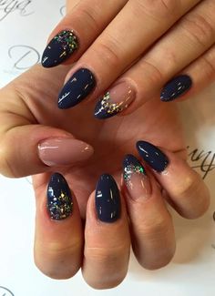 Navy Blue And Gold Marble Nails, Navy Nails With Gold Accent, Navy Blue And Black French Tip Nails, Blue Gold Glitter Nails, Navy Inspired Nails, Navy And Gold Almond Nails, Trendy Nails Navy Blue, Formal Nails Navy Blue, Navy Blue Nails With Sparkles