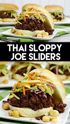 there are two pictures of sloppy joe sliders on the same plate, and one has been cut in half