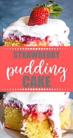 a strawberry pudding cake on a plate with the words, strawberry pudding cake over it