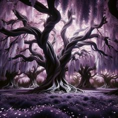 a painting of an old tree in the middle of a field with purple flowers on it