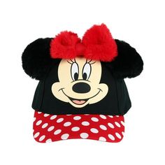 Officially licensed Disney Minnie Mouse Adjustable Baseball Cap with Plush Ears and Bow. This black and red Disney Adjustable Baseball Cap is made from polyester and features a fun Minnie Mouse character design on the front along with her signature fuzzy plush ears and bow and an adjustable strap back. Size: One Size.  Gender: female.  Age Group: toddler. Cute Minnie Mouse, Hat Stand, Disney Toddler, Hat Stands, Big Face, New Era Cap, Fascinator Hats, Cold Weather Accessories, Pom Beanie