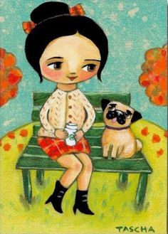 a painting of a woman sitting on a bench next to a small pug dog