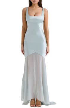 Bring sultry elegance to your next special event in this romantic gown that's made in panels of lustrous satin with sculptural seams that enhance your figure. The asymmetric skirt is made from floaty, sheer chiffon that flows into a dramatic sweeping train. Exclusive retailer Hidden back-zip closure Square neck Sleeveless Lined 75% acetate, 25% polyester with 100% polyester contrast Dry clean Imported House Of Cb Vittoria, Delicate Heels, Formal Wedding Guest Dress, Formal Wedding Guests, Fashionably Late, Classy Prom Dresses, Embellished Clutch, Floor Length Gown, Grad Dresses