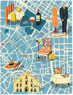 an illustrated map shows the location of different places in europe, including wine and food