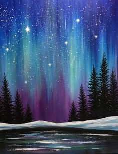 an acrylic painting of the night sky with stars and aurora bores in the background