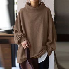 Autumn new plus size leisure sweater 9XL 8XL 7XL fashion ladies high-quality solid color loose Oversized Brown T-shirt For Fall, Casual Plain Turtleneck Top, Oversized Plain T-shirt For Fall, Plain Brown Tops For Fall, Casual Solid Color Turtleneck Sweatshirt, Casual Solid Turtleneck Sweatshirt, Brown Relaxed Fit Plain Top, Casual Turtleneck Tops In Solid Color, Casual Solid Color Turtleneck Top