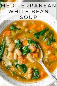 two bowls of mediterranean white bean soup with spinach and carrots on the side