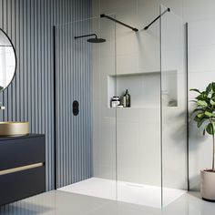 a bathroom with a shower, mirror and plant in the corner on the counter top