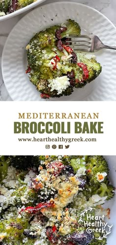 broccoli bake on a white plate with a fork in it and the text overlay reads mediterraneanan broccoli bake