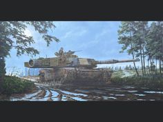 a painting of a tank driving down a muddy road