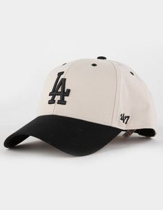 Black and white adjustable snapback hat with center front LA graphic and curved brim. Cool Vintage Hats, Hats Flat Bill, Cute Baseball Hats For Women, Cute Hat Aesthetic, Dodgers Hat Outfit, 47 Hats, Black And White Things, Baseball Cap Aesthetic, Cute Hats For Women