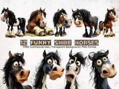 four horses with different facial expressions are shown in this animated animation character model sheet for the film, it's funny