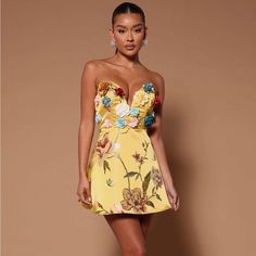 Teresa Embroidered Floral Yellow Mini Dress Fashion Nova Brand New With Tags Cochella Outfits, Yellow Mini Dress, Mini Dress Fashion, Embroidered Flowers, Fashion Nova, Strapless Dress, Brand New, Mini Dress, Yellow