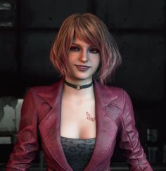 a woman in a red leather jacket and choker with her hands on her hips