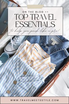 an open suitcase with clothes and shoes in it on the top travel essentials list