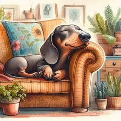 a painting of a dog sleeping on a couch with potted plants in the background