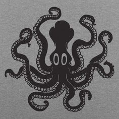 an octopus is depicted in this black and white illustration on a cream colored paper background