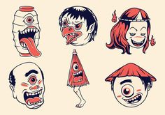 cartoon faces with different facial expressions and haircuts, all in various poses to look like clowns