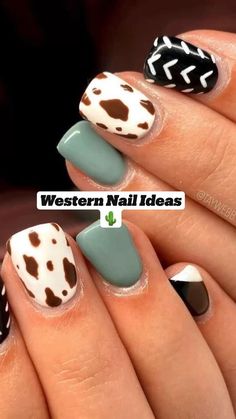 Fall Western Nails, Country Acrylic Nails, Rodeo Nails, Cowboy Nails, Western Nails, Green Acrylic Nails, Country Nails, Cow Nails, Cute Gel Nails