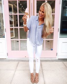 spring outfit ideas || distresses white jeans & button down tie top || instagram @SheaLeighMills Houston & Nashville lifestyle Melting Ice Cream, All Things Pink, Spring Outfit Ideas, White Distressed Jeans, Ice Cream Cones, Jeans Button, Going Out Outfits, Tie Top, Skirt Outfits