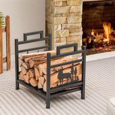 a fire place with logs in front of it and an image of a moose on the log