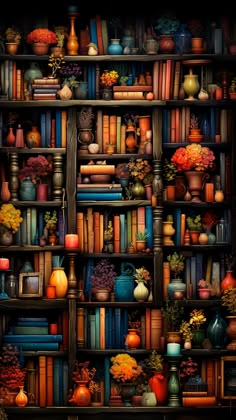 a book shelf filled with lots of books and vases