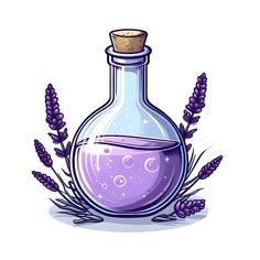 a bottle filled with purple liquid surrounded by lavender sprigs