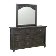 a dresser with a mirror on top of it and drawers below the drawer, in front of a white background