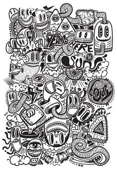 an abstract black and white drawing with lots of doodles on the bottom half of it