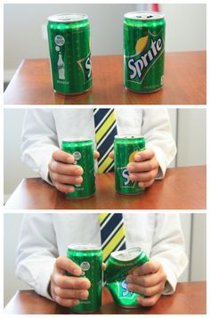 three pictures of a person holding a can of sprite beer