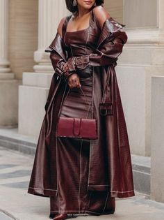 Brown Leather Dress Outfit, Brown Tone Outfits, Leather Dress Outfit, Outfit Inspo Board, Brown Leather Dress, Woman Suit, Burgundy Fashion, African Lace Dresses, Winter Dress Outfits