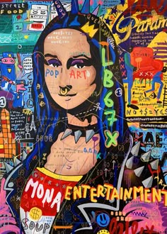 an image of a woman with many different things on her face and chest, painted in bright colors