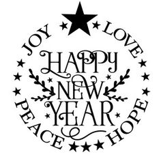 a stamp with the words happy new year and stars in black ink on a white background