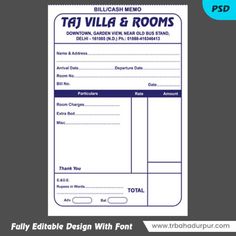 a blue and white printable receipt with the words taj villa & rooms on it