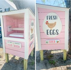 two pictures of a pink and white chicken coop with the words fresh eggs written on it