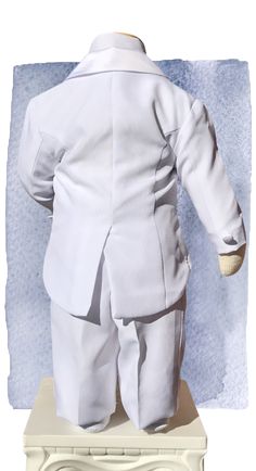 boys tux back White Fitted Double Breasted Suit With Notch Lapel, Classic White Double Breasted Suit, Formal Fitted Uniform Sets, Fitted Formal Uniform Suit, Classic White Fitted Tuxedo, Elegant Fitted Suits For Baptism, Classic Fitted Suit For Baptism, Elegant Fitted Suit For First Communion, Suits Accessories