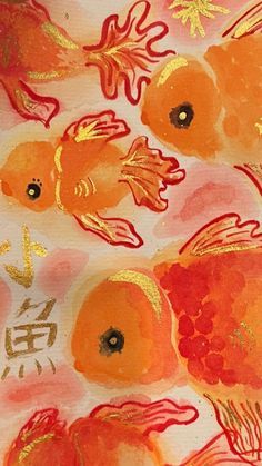 an orange painting with goldfish on it