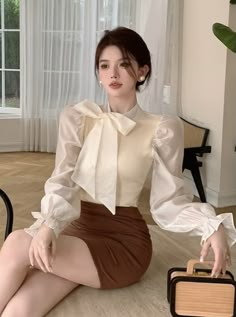 ❤︎Puff Sleeve Big Bow Blouse❤︎ Neat Casual Outfits, Elegant Mini Dress, Vintage Slip Dress, Style Kawaii, Kawaii Fashion Outfits, Bow Blouse, Elegant Blouses, Big Bow, Kpop Outfits