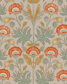 an orange and green floral pattern on a beige background