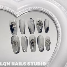 ✝️ Goth Art Press-on Nails by Lqw Nails Studio 💖  We offer handmade press on nails made with quality gel, These nails are reusable, if you take it off right. 💖  You can easily apply at home within seconds for a fraction of the salon cost.  💖  Our nails are reusable so you can wear them for weeks straight or a few days at a time as you like. ☆WHAT TO EXPECT☆ *Nail Set 10 Custom Sized *Instruction & Removal Sheet *Nail Prep Kit：Adhesive Tabs + Alcohol Wipes + Cuticle Stick + Nail File + Nail Buffer + Nail glue + Gelatinizing Agent ☆SIZE CHART☆ Please measure your own nail and find your size from our Size Chart Picture in the listing photo ☆DISCLAIMER☆ Due to the nature of designing our handmade nails, designs may vary slightly as they are all one of a kind. Different display monitors may Nails Chrome Heart, Chrome Heart Nails, Nails Charms, Nails Goth, Princess Nails, Goth Princess, Nails Chrome, Press On, Style Nails