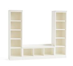 a white bookcase with two open shelves on each side and one closed shelf in the middle