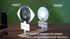 a cell phone sitting on top of a wooden table next to an object that says, simple human eye model with image formation process