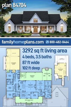 Country Farmhouse Style House Plan 84704 with 3292 Square Feet of heated living space, 4 Bedrooms, 4 Bathrooms and a 3 Car Garage 3 Bedroom Home Floor Plans, Open House Plans, Southern Style House Plans, Basement House Plans, Retreat House, Southern Living House Plans, House Plans One Story, 4 Bedroom House Plans, Custom Home Plans