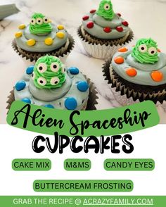 some cupcakes with green frosting and eyes on them