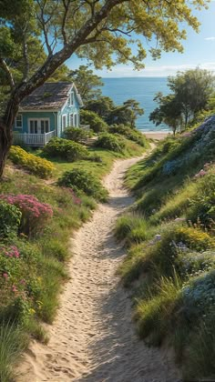 a path leading to a small house on the beach with trees and flowers around it