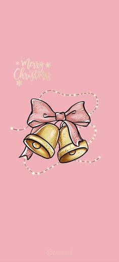 two gold bells with pink bows on them and the words merry christmas written below it