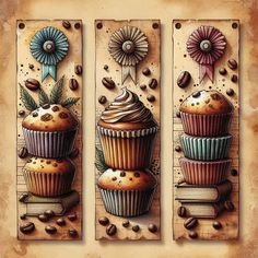 two wall plaques decorated with cupcakes and coffee beans